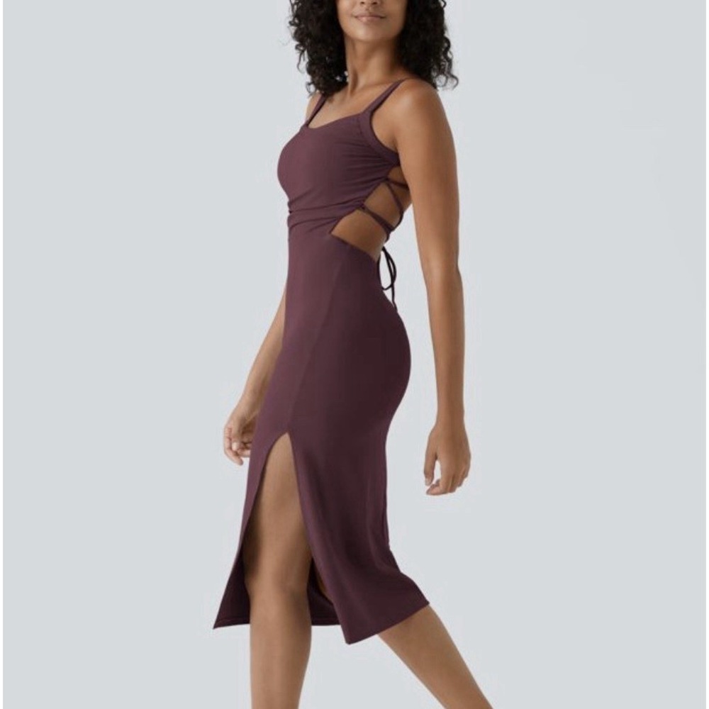 Halara Backless Lace Up Side Slit Midi Dress Plum Purple Cut Out Bodycon NWT
